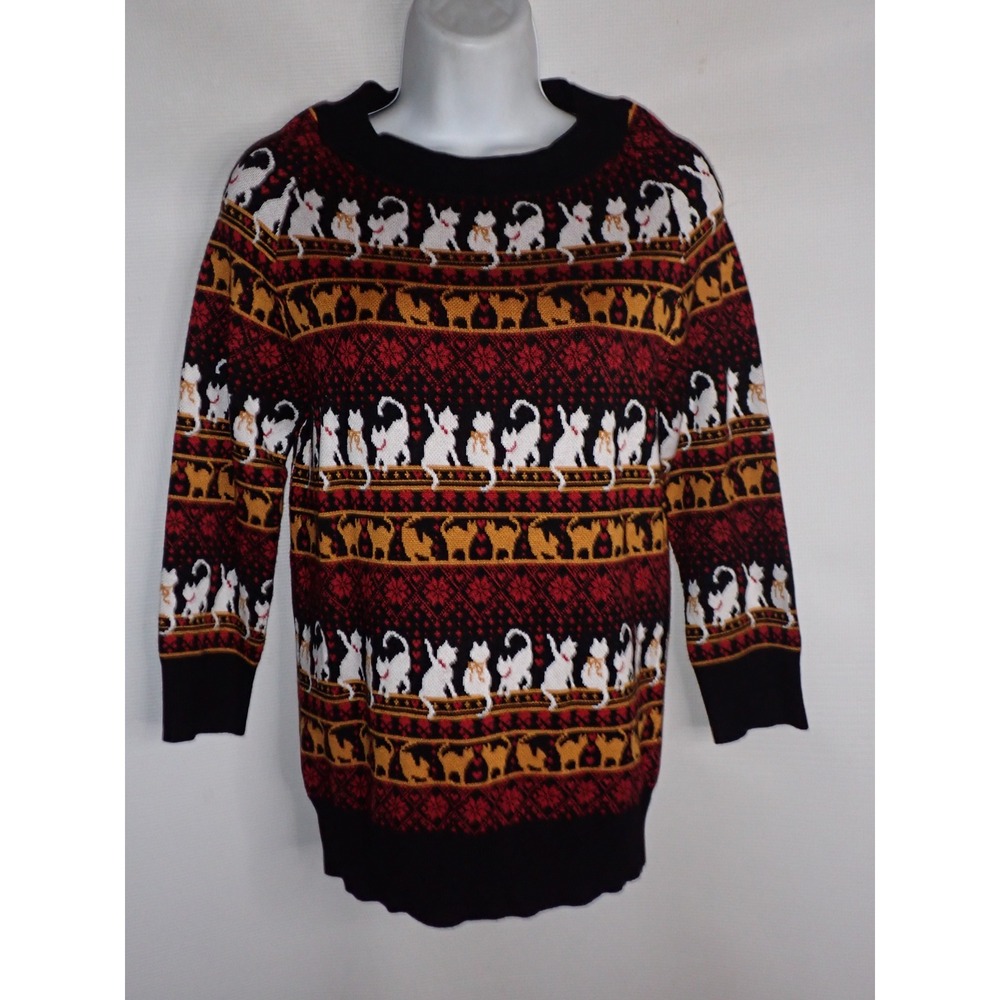 Unique Vintage Women's Cat Fair Isle Knit Sweater Black Red White Size XS/S - Picture 1 of 5